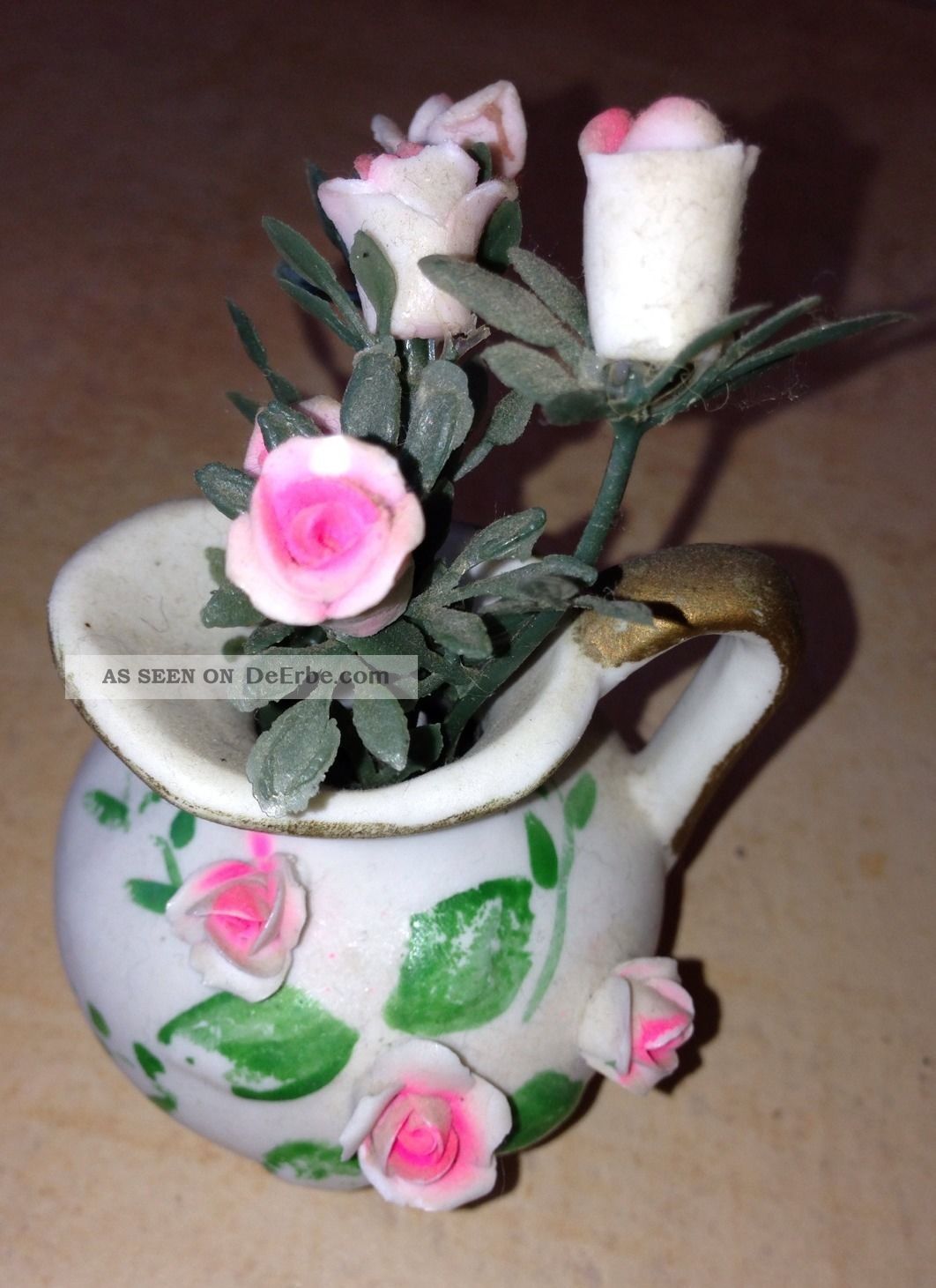 Miniatur Vase Mit Blumendekor Und Blumen Fürs Puppenhaus,  Keramik Um 1950/70 Original, gefertigt vor 1970 Bild