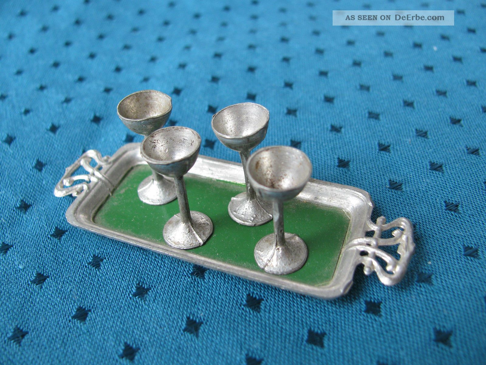 Jugendstil Miniatur 4 Weinpokale Tablett Zinn Puppenstube Selten Pokal Selten Original, gefertigt vor 1970 Bild
