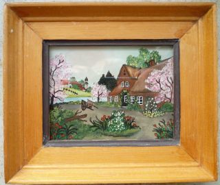 Hinterglasbild Reetgedecktes Haus Bach Frühling 15x13cm Echte Hinterglasmalerei Bild
