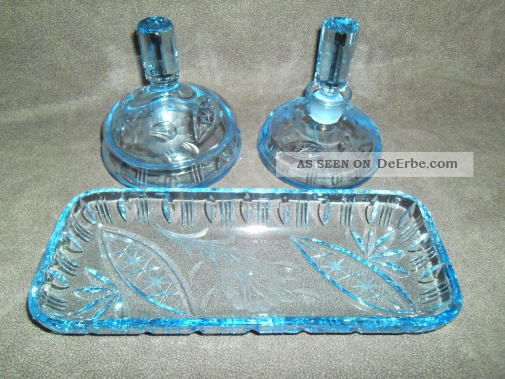 Toilettenset Kristallglas Garnitur 5tg Geschliffen Hellblau Top Rundflinse Kristall Bild