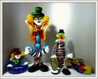 4 Murano Figuren,  Pracht Farbenspiel,  Großer Clown 34 U.  23 Cm 2x Aschenbecher Bild