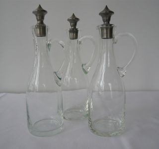 3 Karaffen Glas Zinn Stopfen StÖpsel Karaffe Öl Essig Mundgeblasen Handarbeit Bild