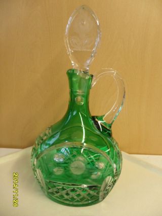 Wunderschöne Grüne Kristal - Glas - Karaffe,  Handgeschliffen,  Graviert,  Mundgeblasen Bild