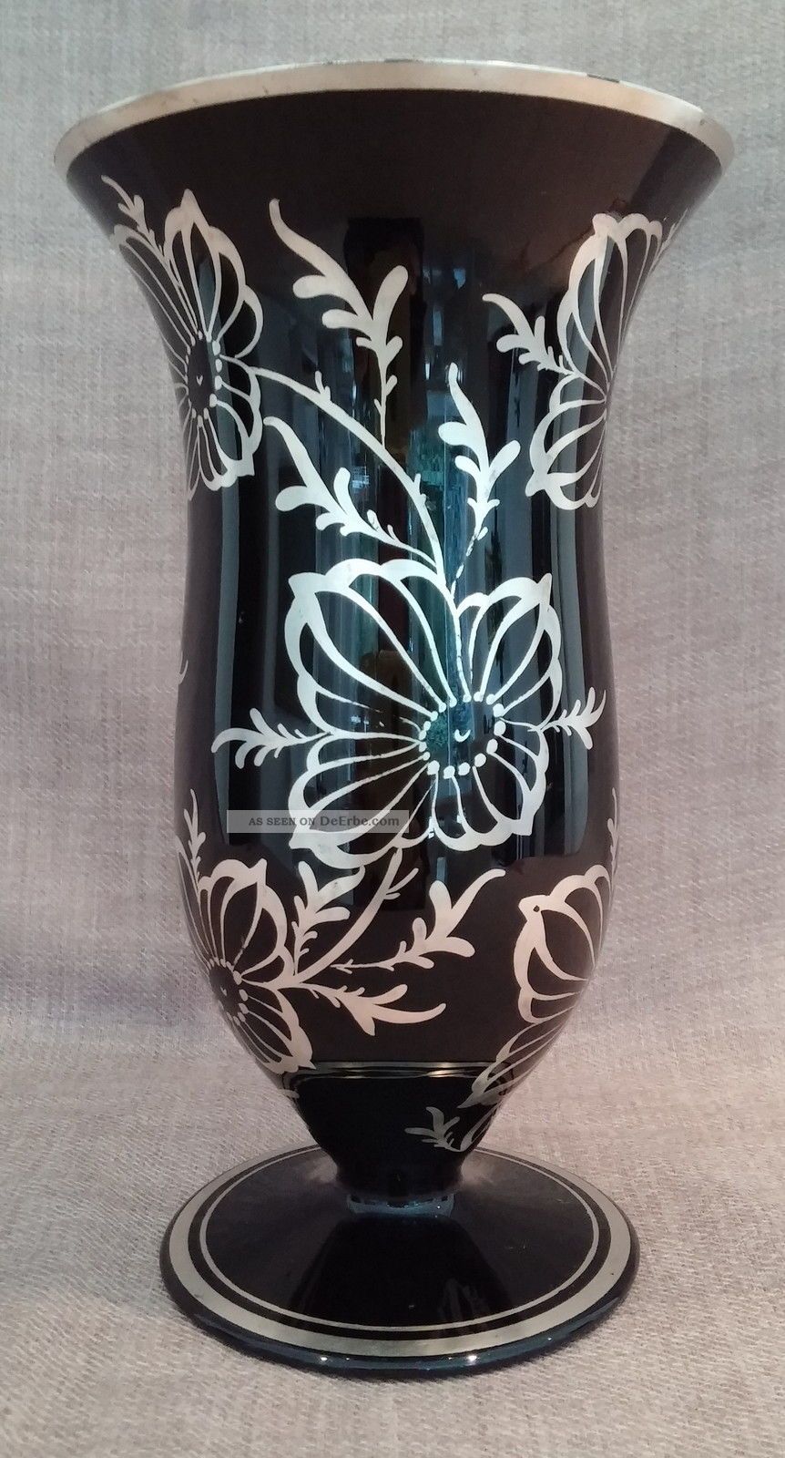 Rarität Art Deco Vase Silber Overlay Hyalithglas Schwarzglas Handgemalt Sammlerglas Bild