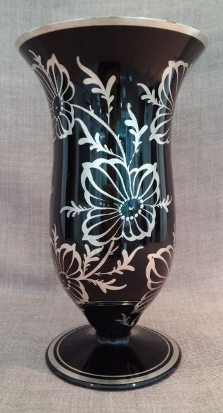 Rarität Art Deco Vase Silber Overlay Hyalithglas Schwarzglas Handgemalt Bild