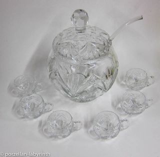 Schwere Bleikristall Glas Bowle Mit 6 Becher Und Glasschöpfer Facettenschliff Bild