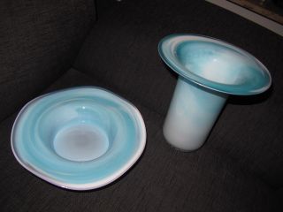 Vase Plus Obstschale Eisblau Handarbeit Neuw.  (oberstdorfer Blashütte) Bild