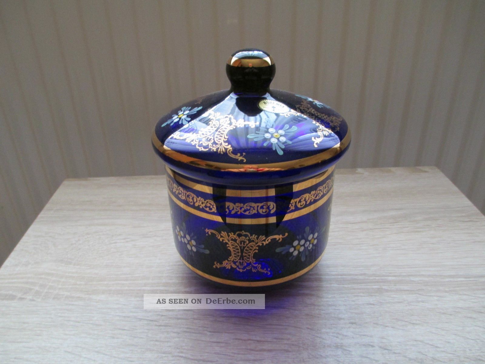 Glas Deckeldose Böhmen Dose Blau Bonbonniere Blüten Gold Antik Handarbeit Selten Dekorglas Bild