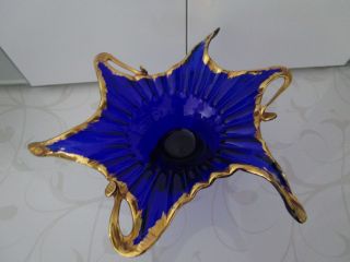 Exklusive Glasschale / Obstschale In Blau Gold Mit Verziertem Holzfuß Sehr Edel Bild