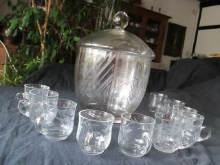 Alte Glas - Bowle Bowle - Service 12 Gläser Schöpfkelle Dekor Weinranken Geschliffen Bild