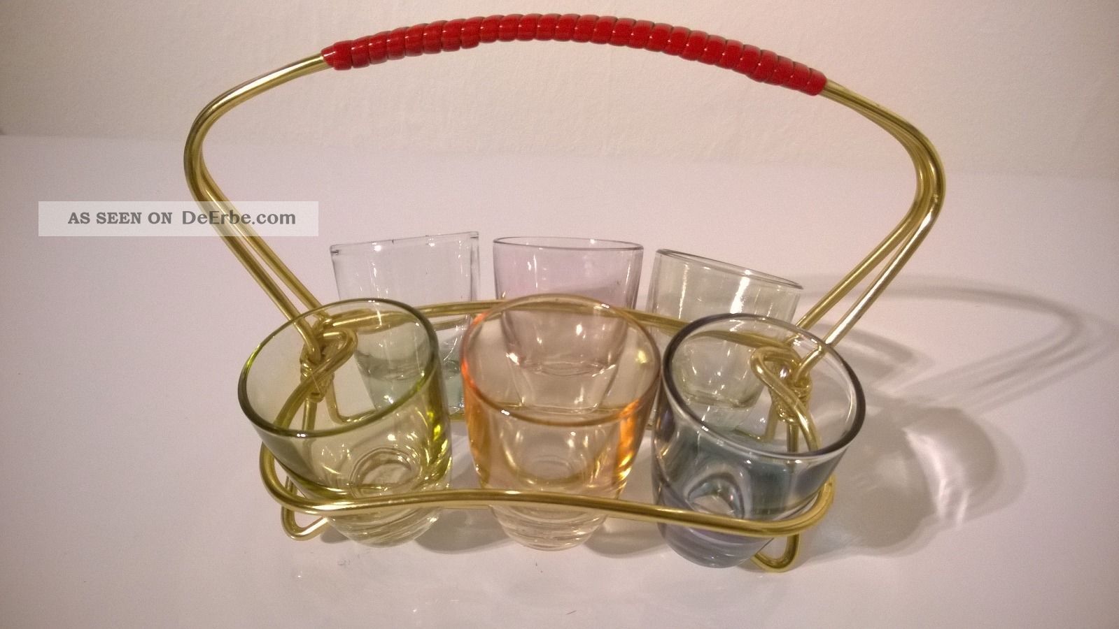 6 Alte Bunte Schnapsgläser Mit Ständer Träger 60er Jahren Kristall Bild