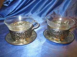 Nachlass Edel Verzierte Tassen Teetassen Für 2 Personen Aus Glas & Rein Zinn Bild