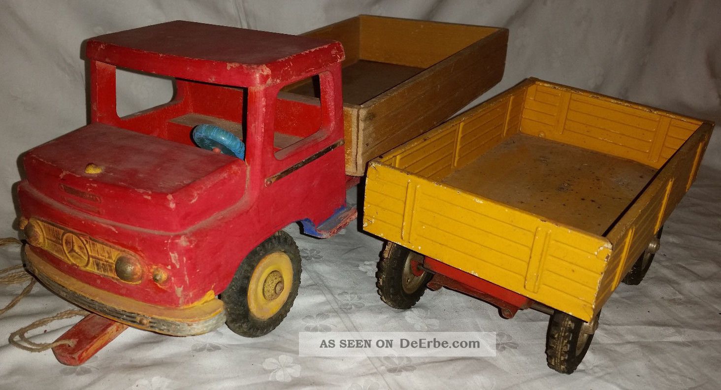 Antik Altes Holz Wagen Holzwagen 46cm X 19cm X 17,  5cm,  Metall Anhänger Holzspielzeug Bild