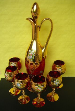 Murano Likörservice Service Karaffe Und 6 Rote Gläser Rubinrotes Glas Vergoldet Bild