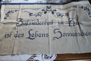 Alte Decke Handbestickt Schmucktuch Spruch Leinen Bild