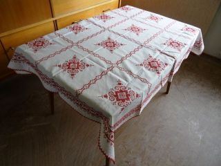 Omas Bestickt Tischdecke Rot Leinen Halbleinen Baumwolle Geschenk Handarbeit Bild
