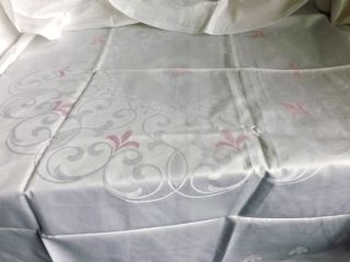 Damast Tischdecke Rund Weiß Rosa D: 125 Cm Unbenutzt Bild