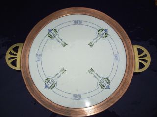 Jugendstil Keramik Tortenplatte Kupferrand Handhaben Messing Art Nouveau Bild