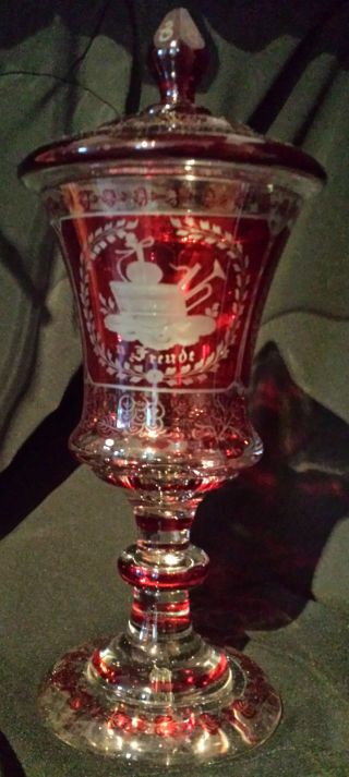 Deckelpokal Um 1850 Rot Gebeizt U.  Geschliffen Antik Coupe à Boire Drinking Cup Bild
