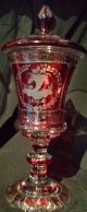 Deckelpokal Um 1850 Rot Gebeizt U.  Geschliffen Antik Coupe à Boire Drinking Cup Sammlerglas Bild 1