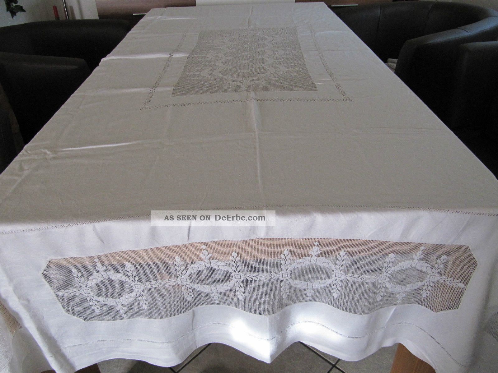 Jugendstil Leinen - Tischdecke Mit Hohlsaum - Stickerei Und Klöppelei – 240 X 180 Cm Tischdecken Bild
