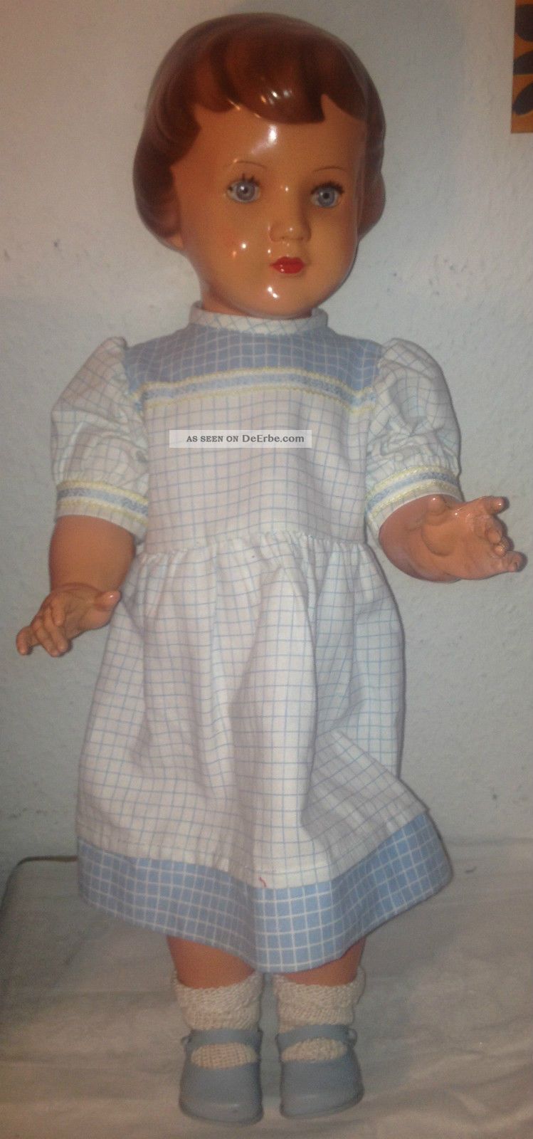SchildkrÖt Celluloidpuppe Puppe M Blau - Weiß Kariertem Kleidchen - Ca.  53 Cm Schildkröt Bild