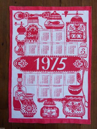 1975 Kalender Geschirrtuch Handtuch Küchentuch Rot Weiß 70er Vintage Bild