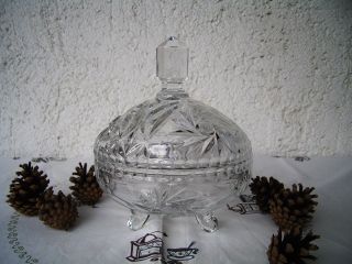 Große Alte Kristallglas Bonboniere Schale Mit Deckel Dekor Schleuderstern Bild