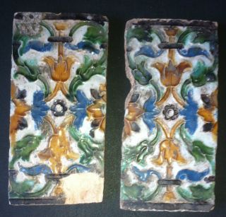 2 Antike Bodenfliesen - Tolle Rarität - Handcoloriert - Ca.  24,  5 X 12 X 2,  5cm Bild