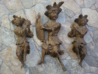 3 Antike Holz Figuren Skulptur Minnesänger Statue Engel Musizierend Geschnitzt Bild