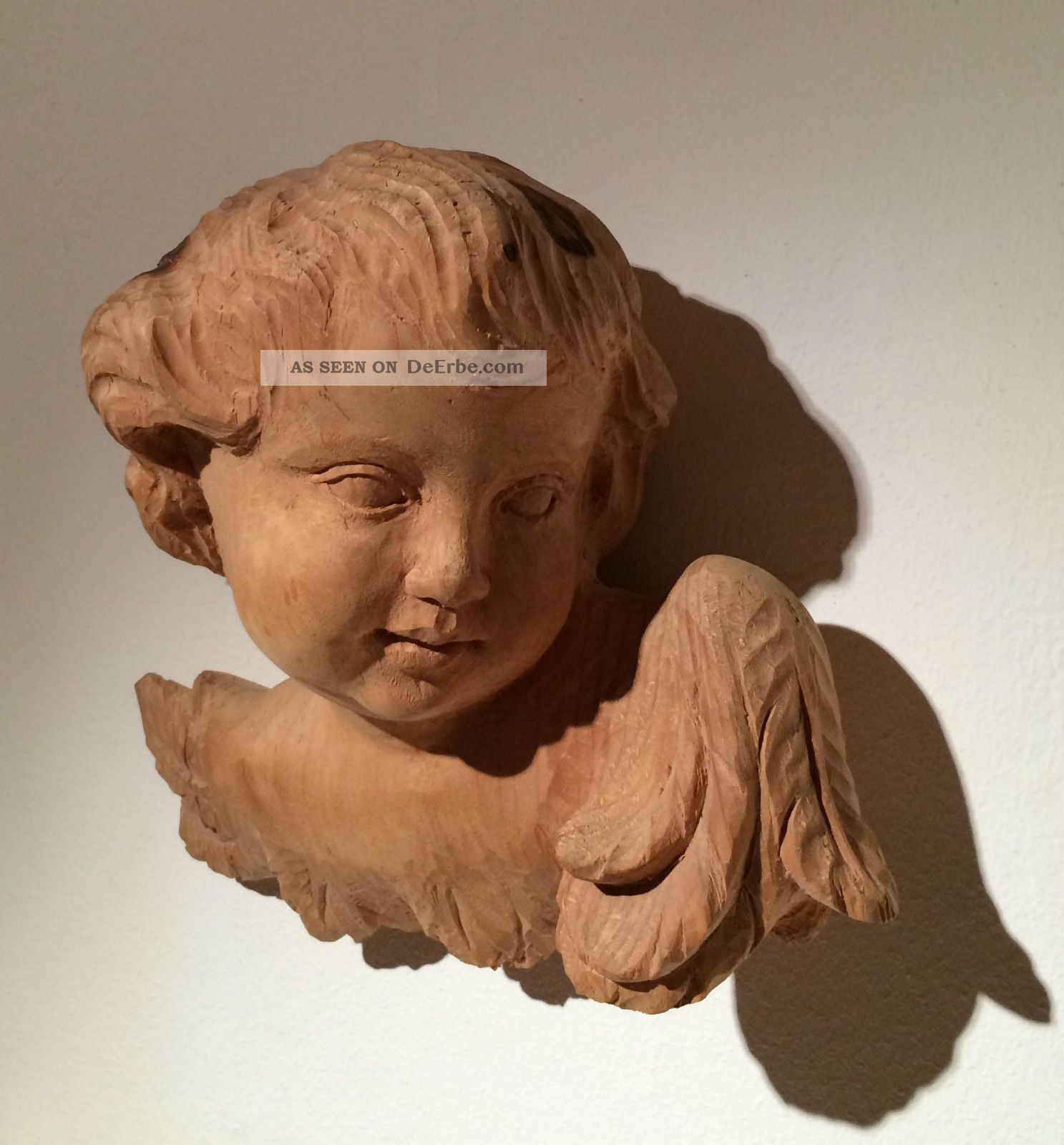 Antiker Gr.  Engelskopf Engel Kopf Büste Putte Linden Holz Um 1900 Holzarbeiten Bild