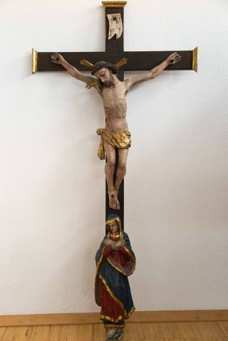 Antikes Holzkreuz/kruzifix,  Maria Und Jesus Am Kreuz,  Handgeschnitzt Bild