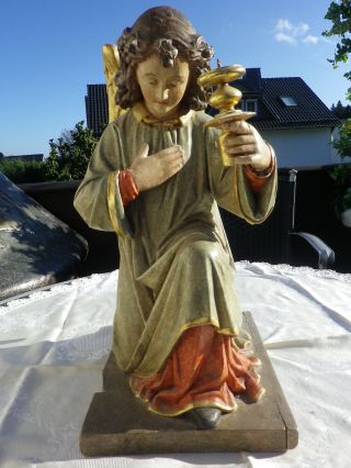 Antik Holz Engel Betend Kirche Geschnitzt Sockel Heiligen Figur Statute Leuchter Bild