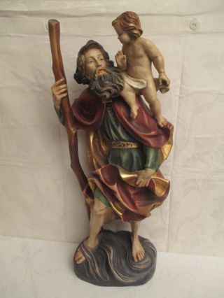 Große Heiligenfigur Christophorus Holz Handgeschnitzt,  Farbig Gefaßt,  58 Cm Bild