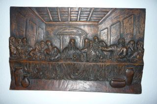 Altes Reliefbild,  Heiligenbild Das Abendmahl,  Wandbild Massiv Holz Bild