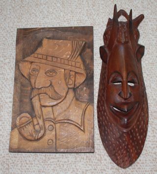 Holzmaske Afrikanische,  Holzbild Angler Mit Pfeife Von Hand Geschnitzt Bild
