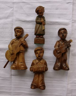 4 Schöne Geschnitzte Holzfiguren 3 Musikanten,  1 Engel Aus Nachlaß Geschnitzt Bild