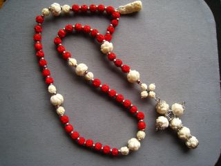 Alter Rosenkranz Komplett Aus Echten Roten Und Weißen Bein Perlen,  1 Einhänger Bild