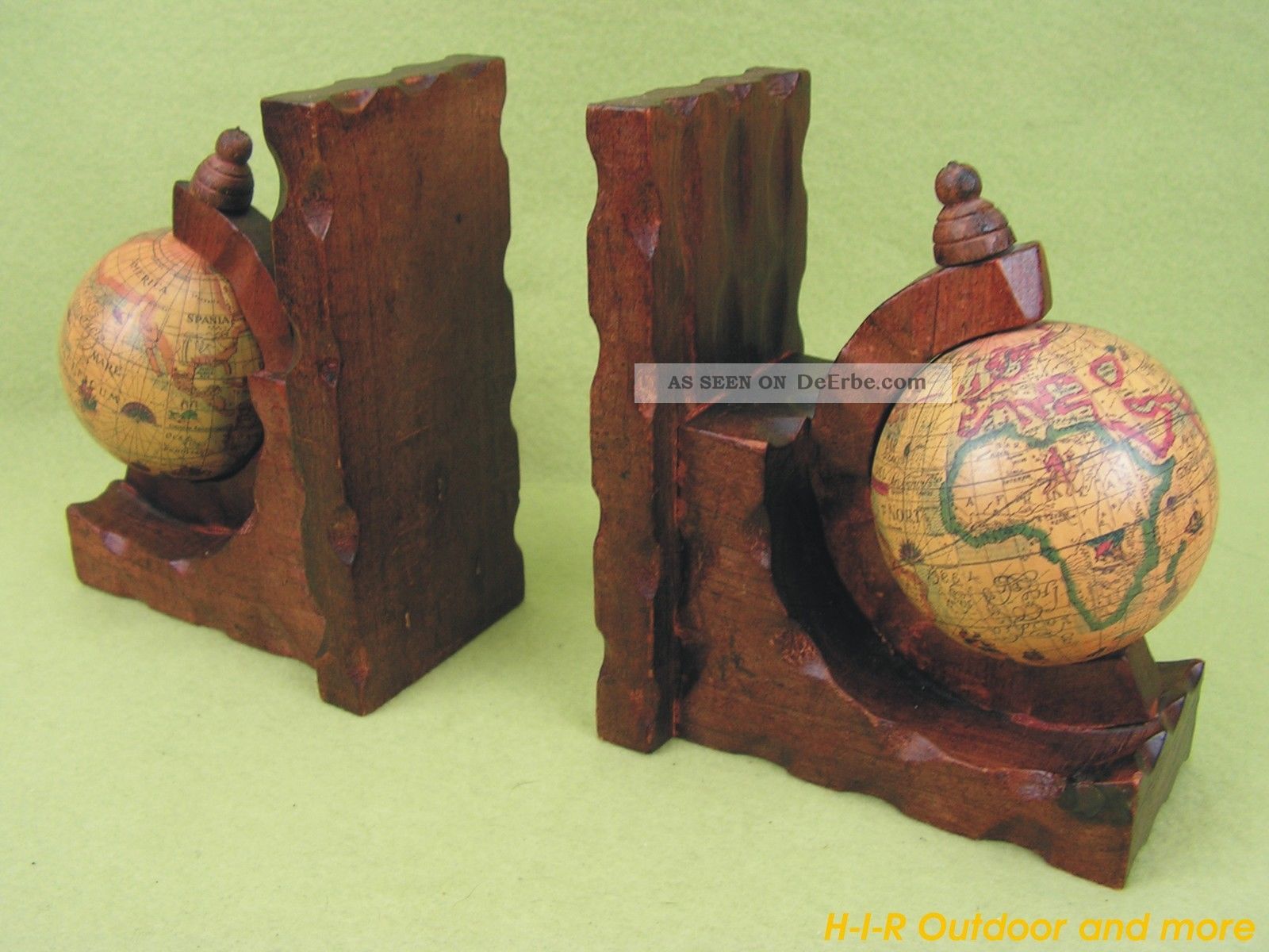 2 Seltene Buchstützen Holz Mit Globus Weltkugel Drehbar Art Deco Vintage Holzarbeiten Bild