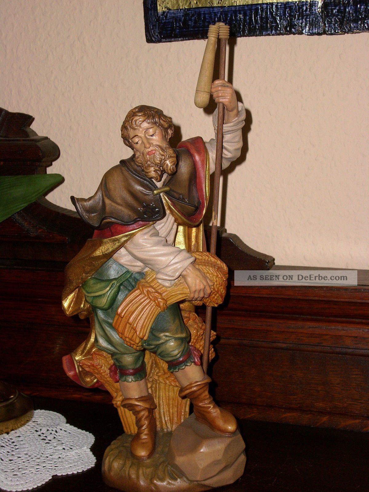 Holzfigur - Heiligenfigur - Heiliger Isidor - Coloriert - Geschnitzt - Südtirol? - 33cm Holzarbeiten Bild