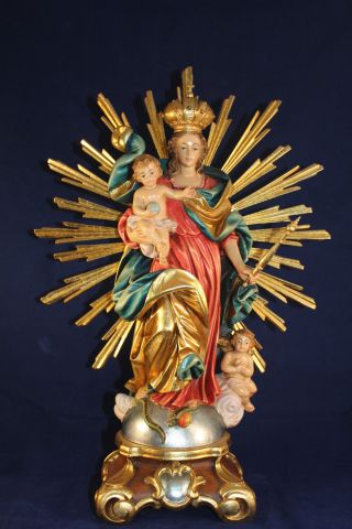 Holz Geschnitzte Heiligenfigur Strahlenmadonna Gold Und Bunt Gefasst 40 Cm Bild