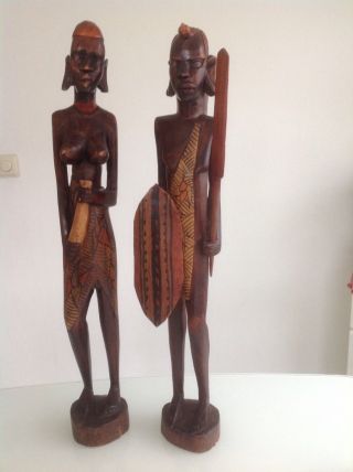 Afrikanische Handgeschnitzte Holzskulpturen Krieger & Frau,  62 Cm Groß Bild