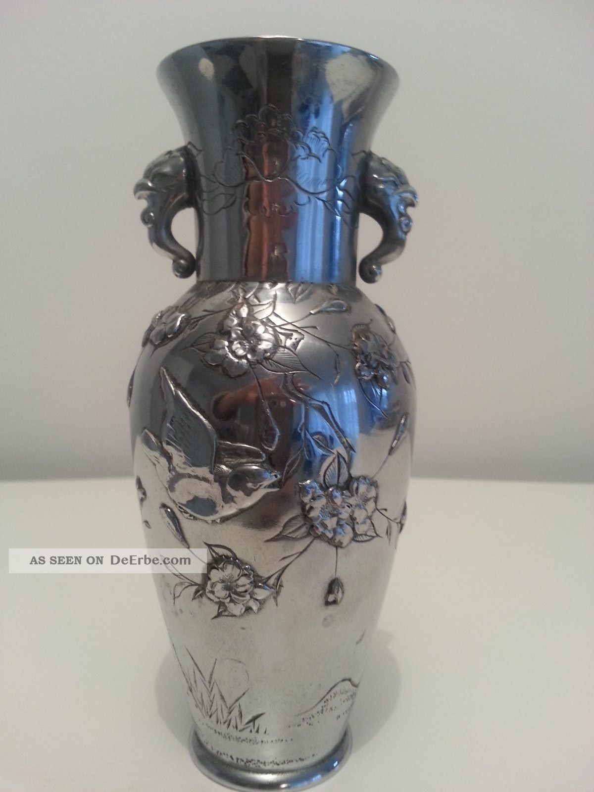 RaritÄt SchÖne Vase Japan Meiji - Periode 1868 - 1912 Metall BlÜten Vogel. Asiatika: Japan Bild