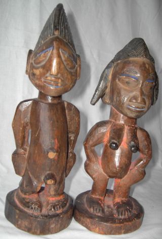 2 X Yoruba Figur Antik Holz Zwillinge Ibeji Aus Nigeria - Holzfigur Afrika 28 Cm Bild