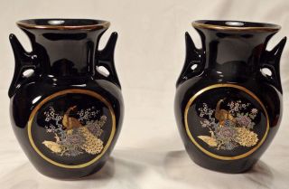 Wunderschöne Kleine Vasen Motiv Pfau Schwarz Gold 2 Stück Japan Bild
