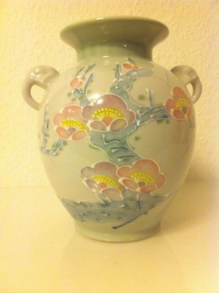 Vase Keramik Porzellan Made In Japan 21,  5 Cm Blumenmuster Handgemalt Bild