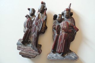 China Holzschnitzerei 2 Antike Figuren - Elemente / 19 Jh. Bild