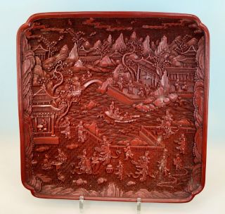 Altes Chinalack Schnitzlackdekor Tablett Sig.  Große Szenerie,  Red Carved Lacquer Bild