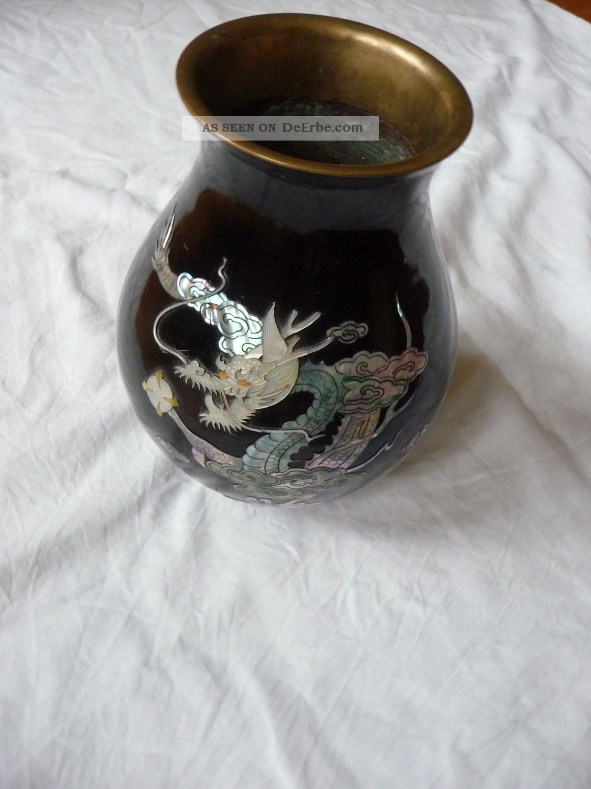 Metall Email Kupfer Vase Schwarz Mit Perlmutt Motiv Drachen Asiatika: China Bild