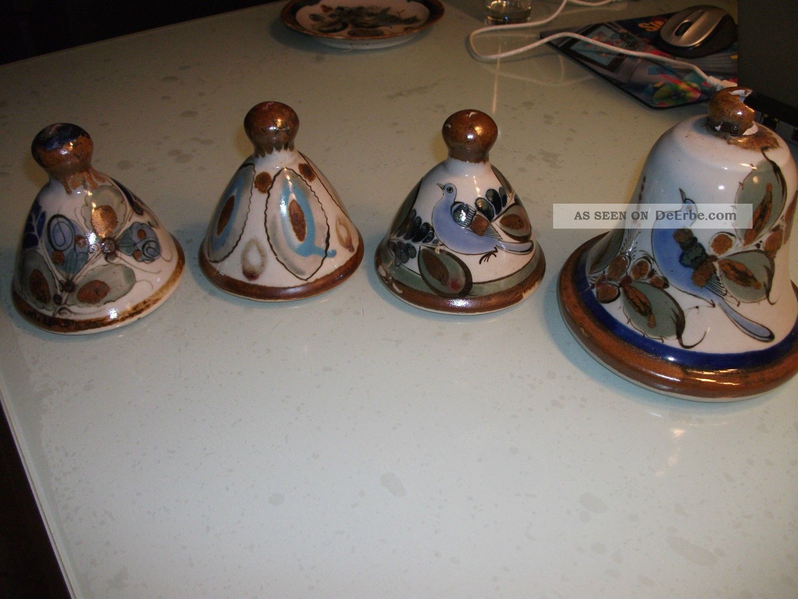 4 X Ton Glocken Aus Mexiko Bemalt Internationale Antiq. & Kunst Bild